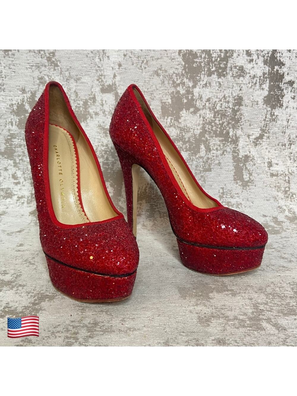 Charlotte Olympia Priscilla Glitter Platform Stiletto Pump in Red